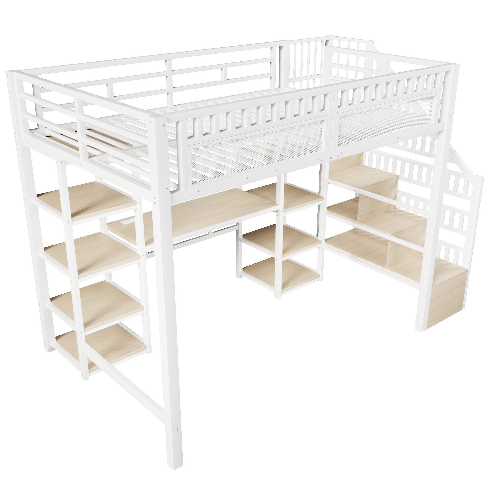 Łóżko piętrowe 140 x 200 cm z biurkiem, półkami - MDF + rama żelazna - listwa świetlna LED i port USB - białe (materac nie jest wliczony w cenę) - 9