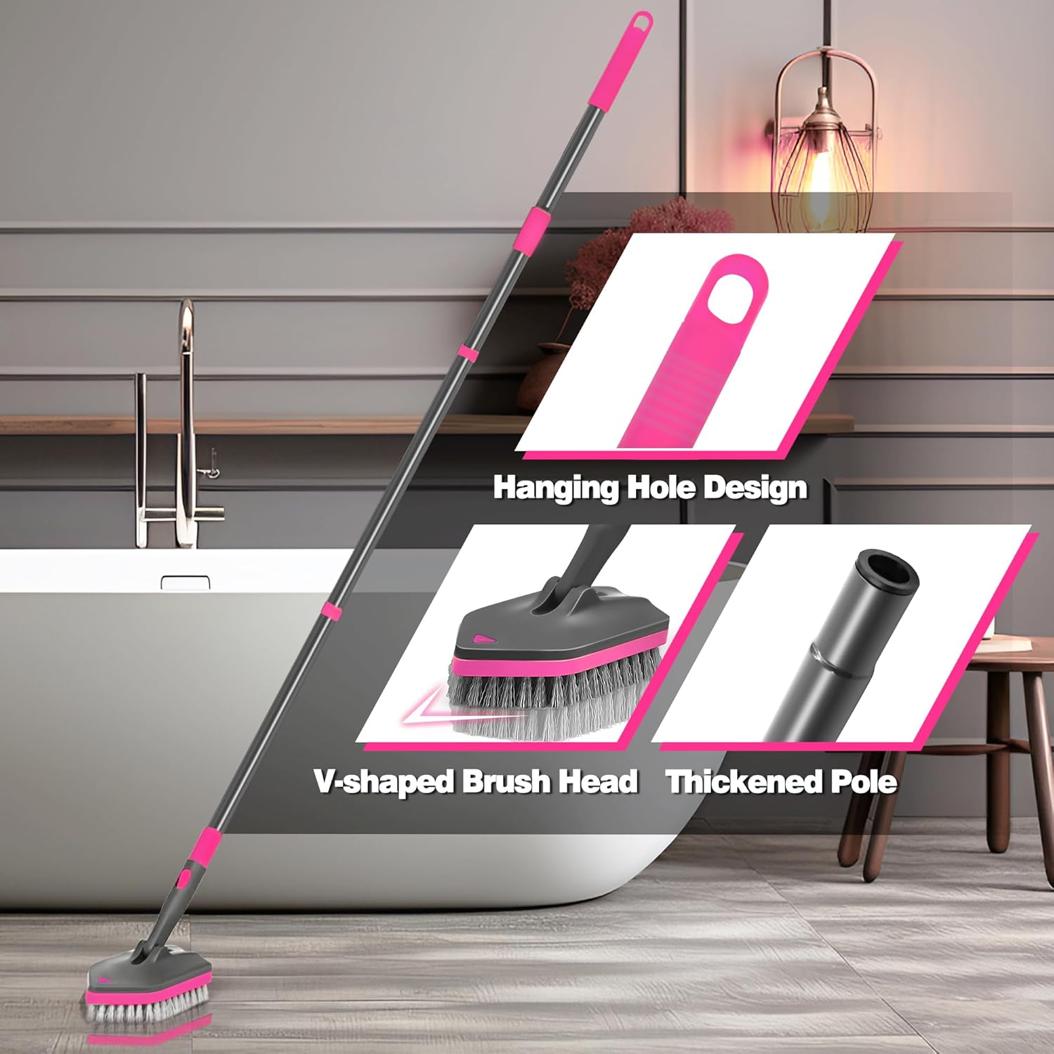 Brosse de nettoyage, brosse à récurer avec long manche télescopique, 142 cm, 4 têtes de lavage pour nettoyer salle de bain, baignoire, sol, plinthes, - 5