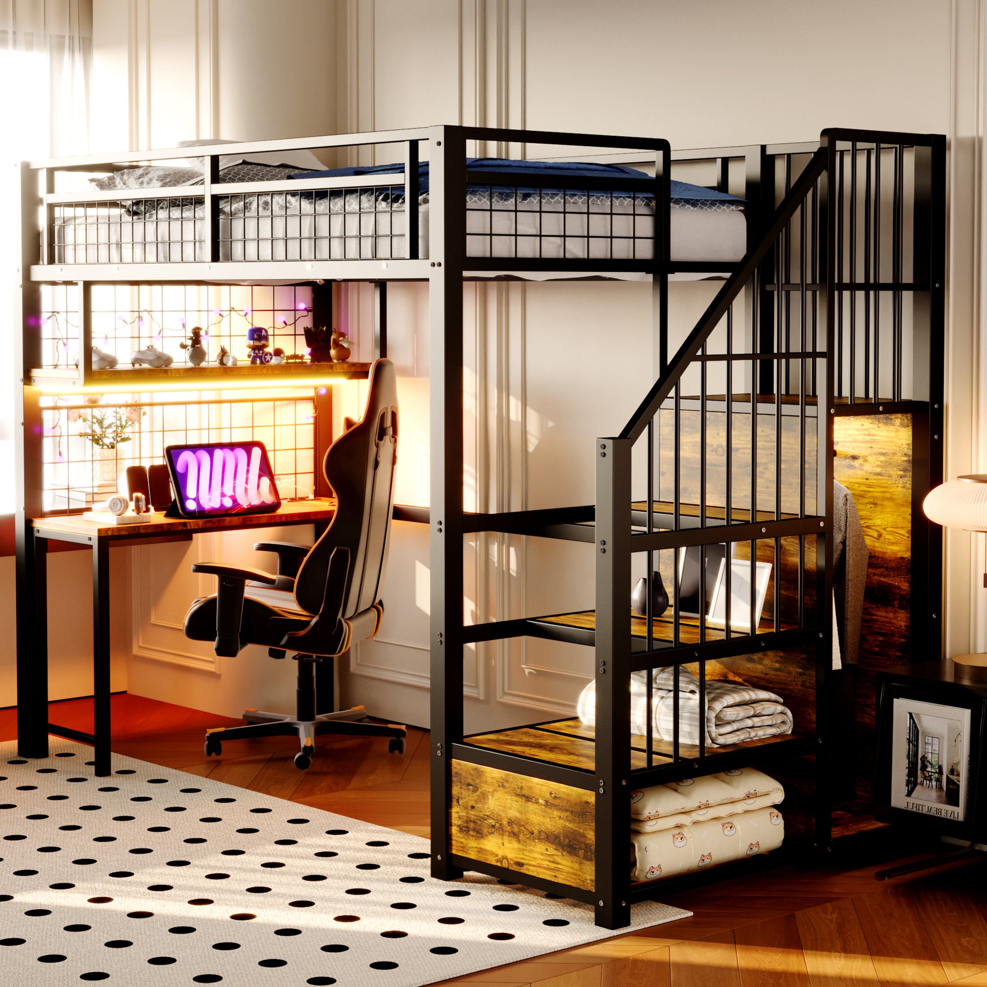 Metalowe Łóżko Piętrowe Antresola 90x200 cm, Czarne, z Listwą LED, Gniazdem Ładowania, Drabiną ze Schowkiem, Prostą Szafą, Półkami