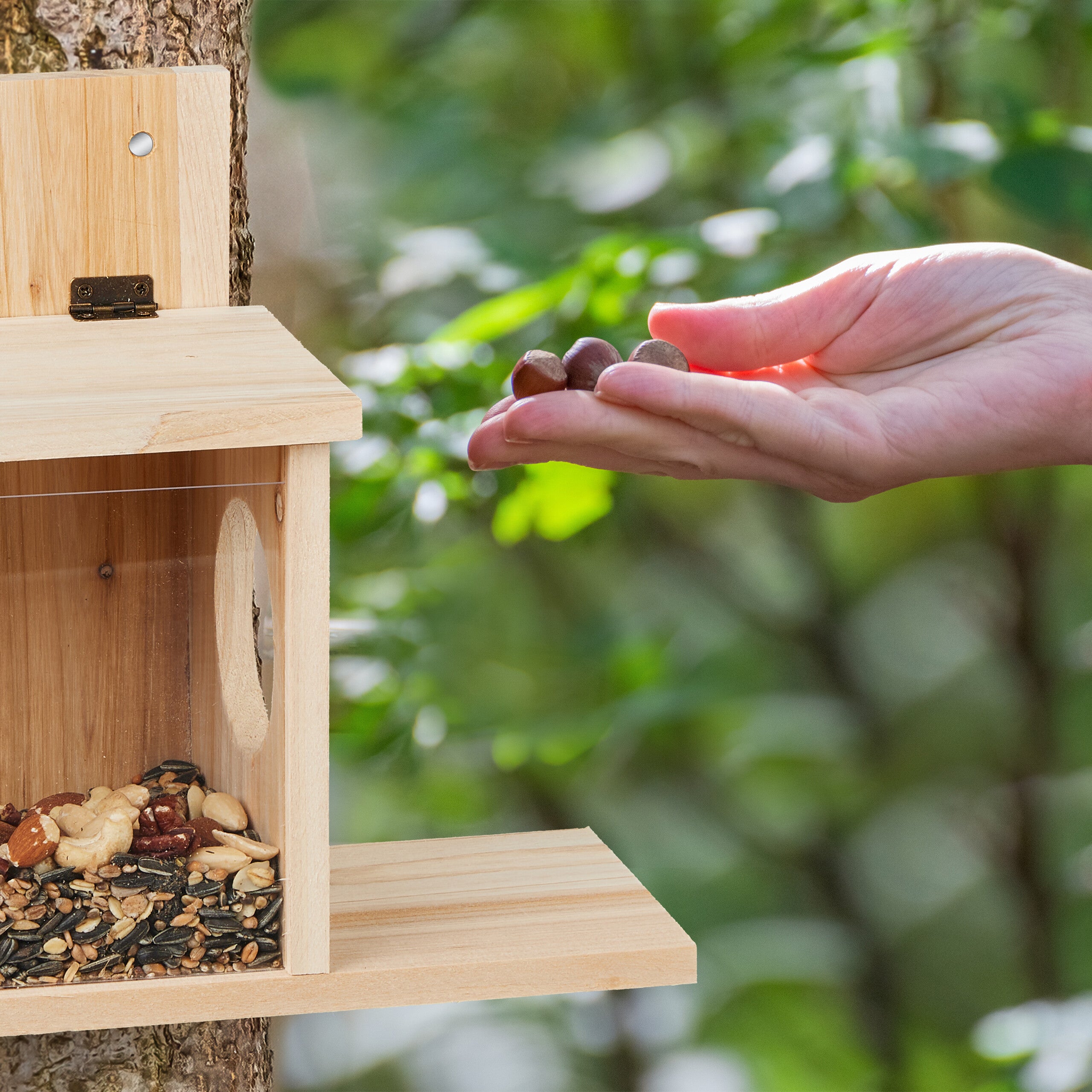 Mangeoire Pour Écureuils En Bois - 2 Entrées, Toit Ouvrant - À Suspendre Au Jardin Ou Balcon