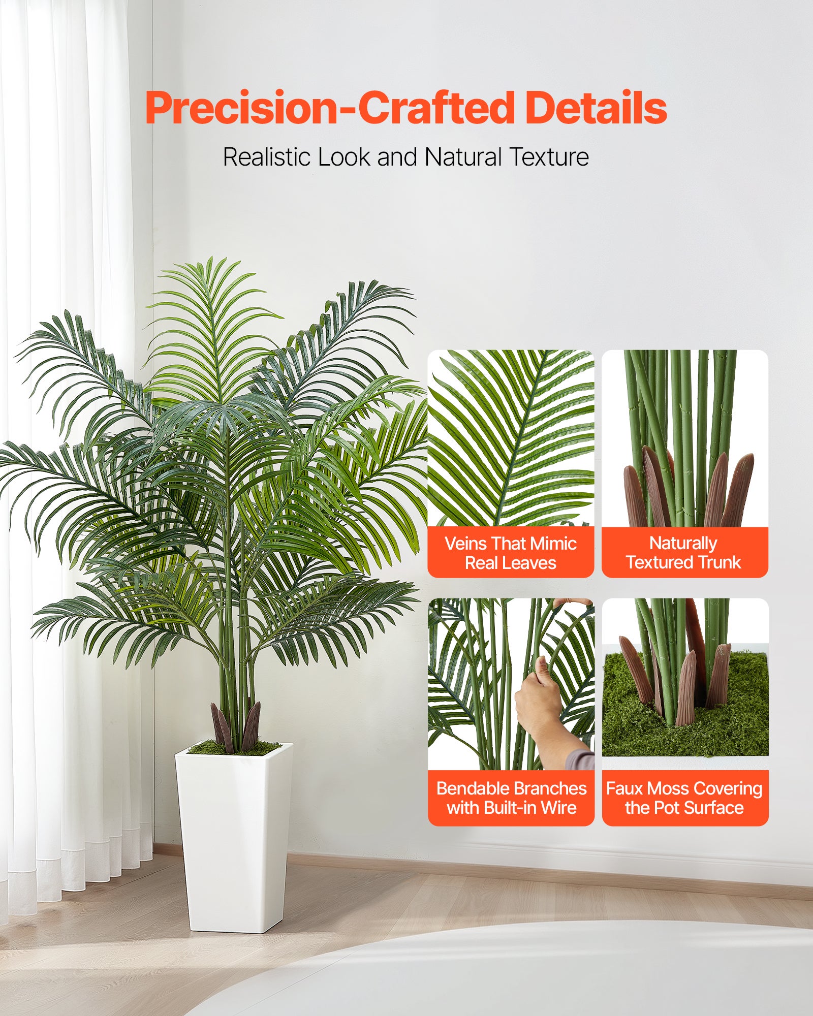 Palmera Areca Artificial VEVOR, 1,5 m, Maceta Blanca, Palmera Areca Tropical Falsa, Para Decoración Hogar, Sala de Estar, Oficina, Interior y Exterior - 2