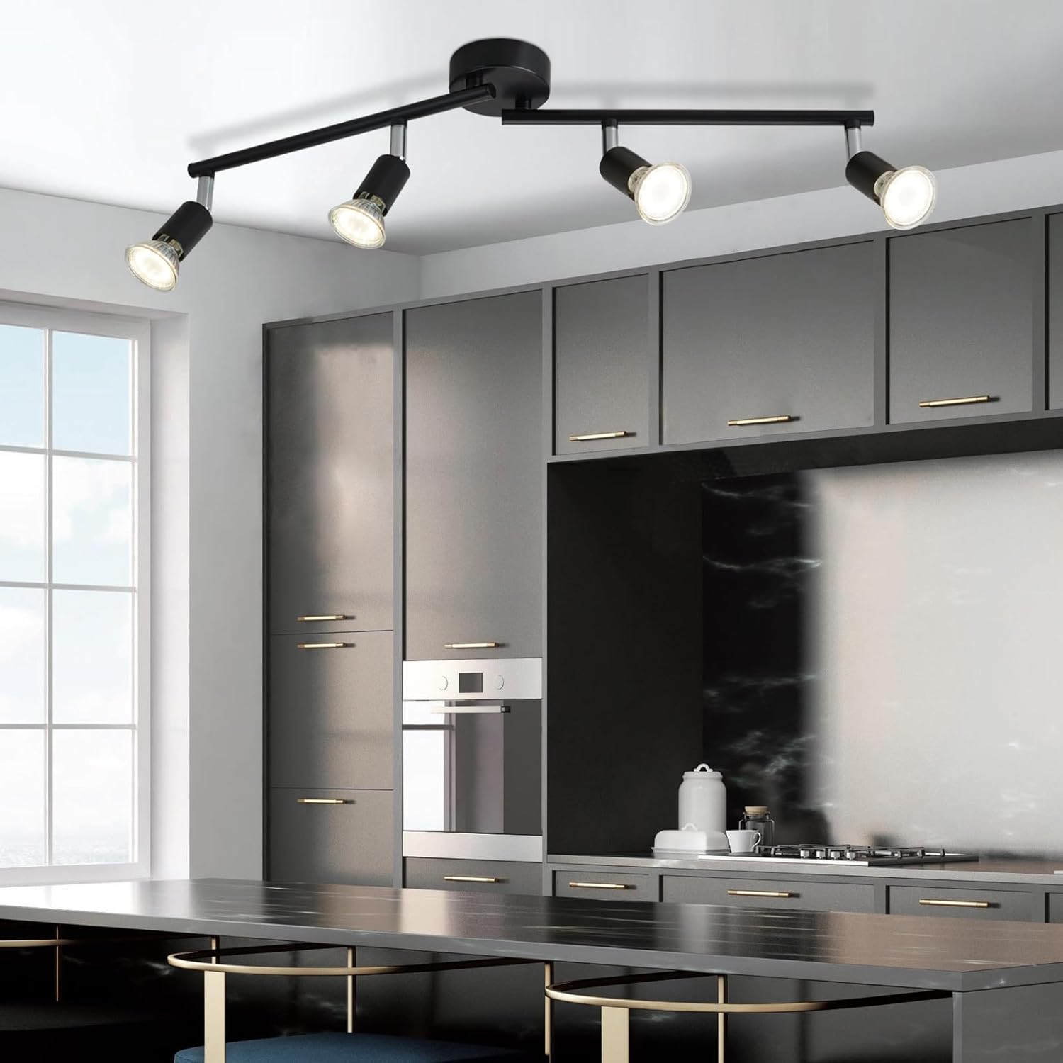 Spot de Plafond LED 4 Ampoules - Plafonnier Moderne Ampoule GU10 Spot Rotatif à 330° sans Ampoule - Noir - 4