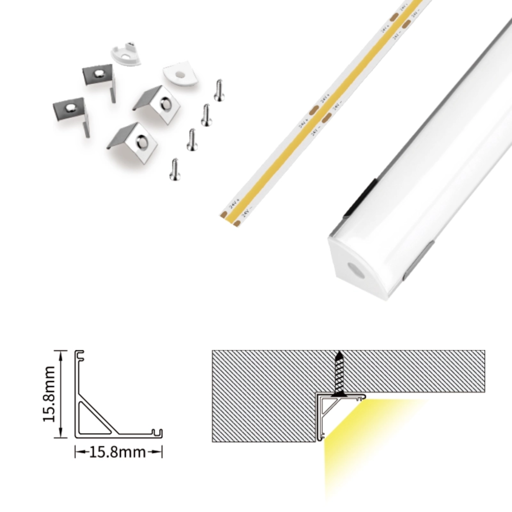 Kit profilé d'angle en aluminium pour 2m LED, 2000x15,8x15,8mm - 3