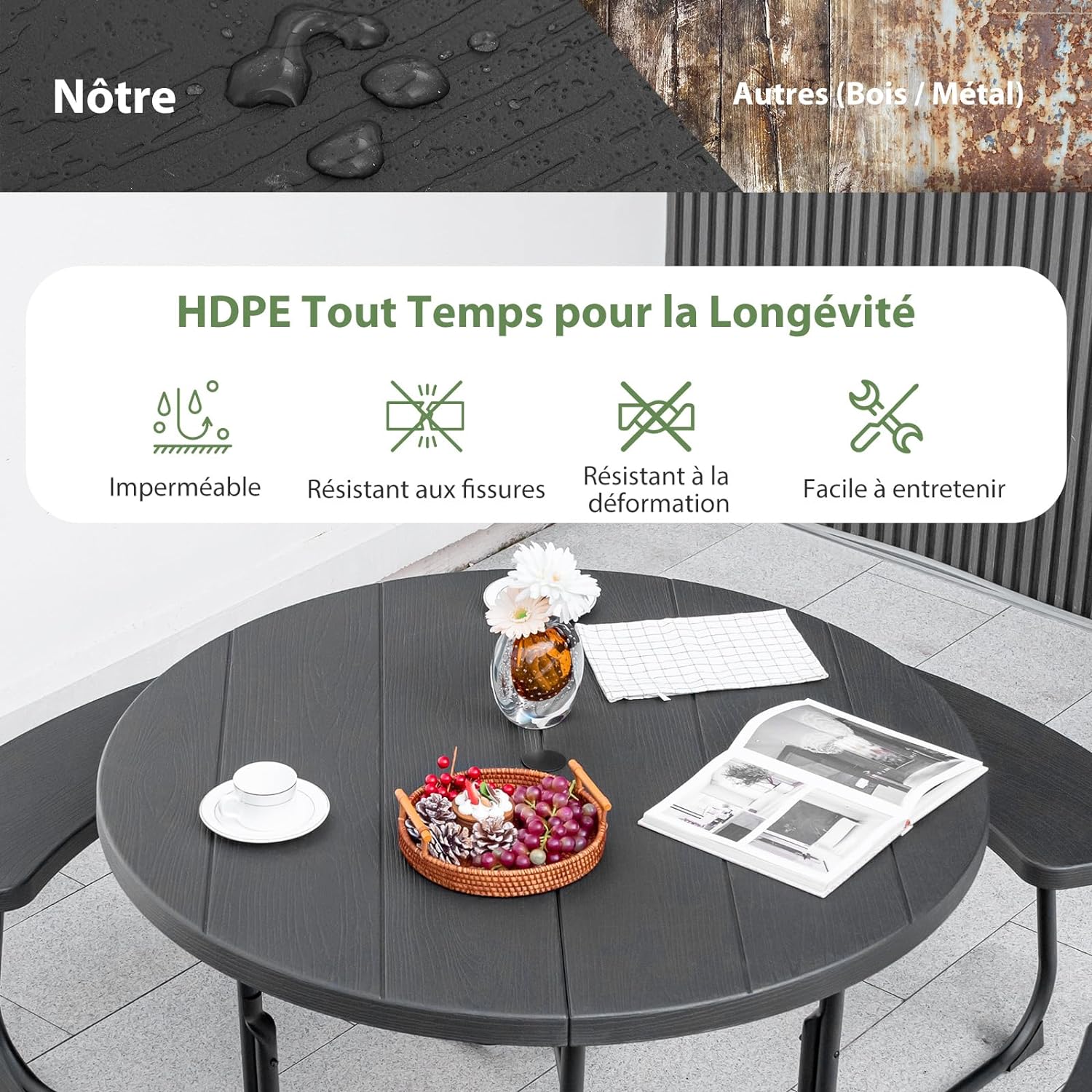 Table de Pique-Nique avec 4 Bancs Intégrés, Trou de Parasol, Cadre en Acier, Plateau HDPE pour 8 Personnes - 6