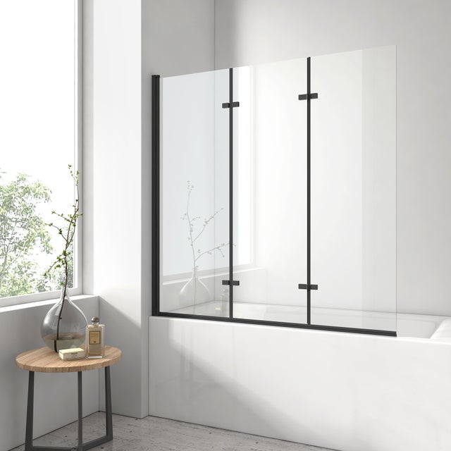 EMKE Pare-baignoire 120 x 140 cm, paroi de baignoire à 3 volets pivotante et pliante, verre trempé 6 mm anticalcaire, noir