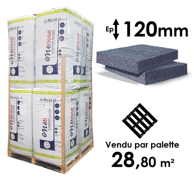 LAINE DE COTON METISSE EN PANNEAU - EPAISSEUR 120MM (R=3,05) - PALETTE ENTIÈRE 28,80M²