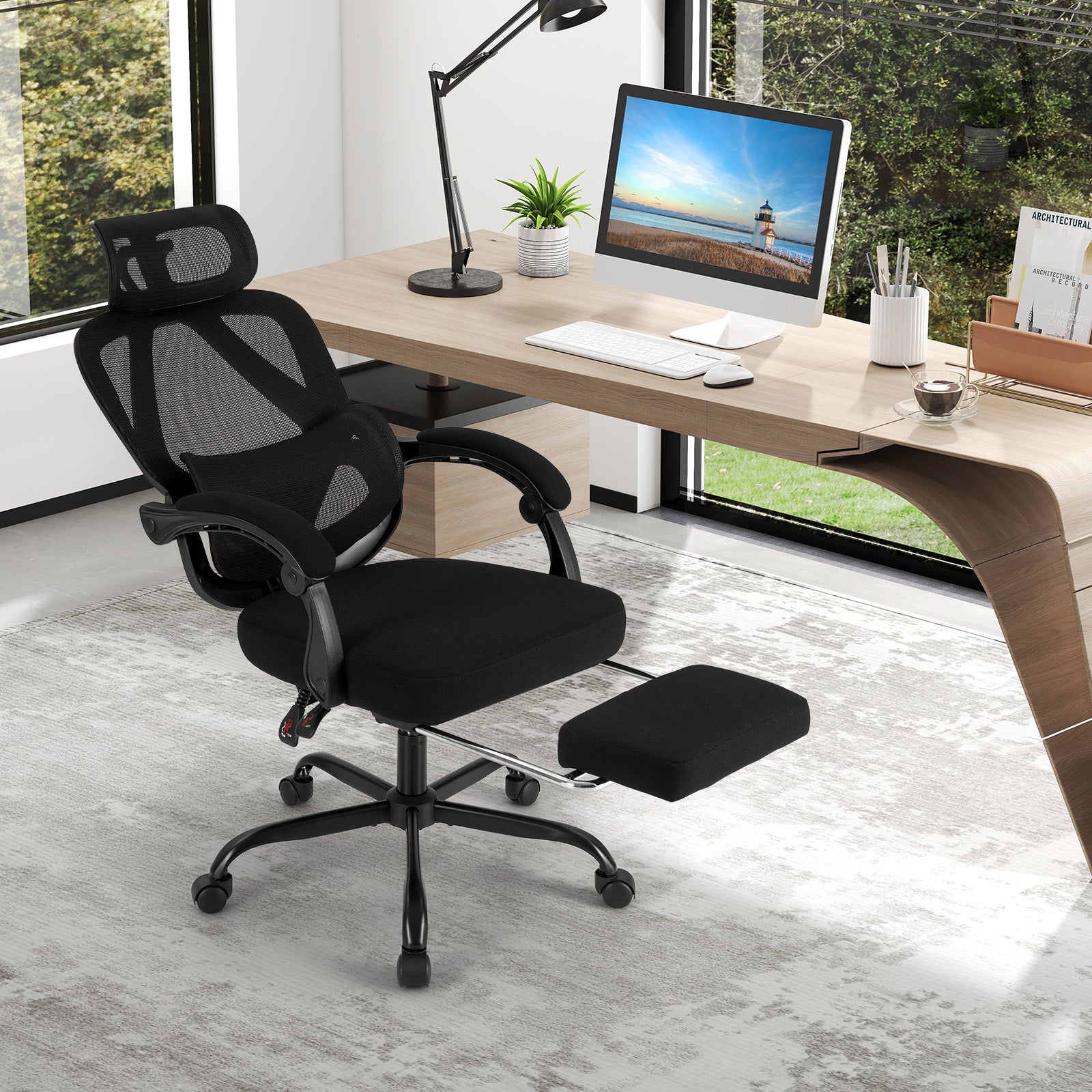 Silla Oficina Ergonomica, Respaldo Alto de Malla y Reposapiés
