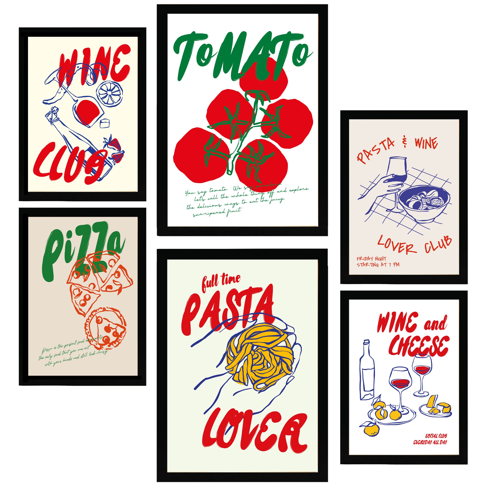 Nacnic set de 6 pósters ilustraciones de alimentos y comida estilo pop art tomate pasta y pizza marco negro