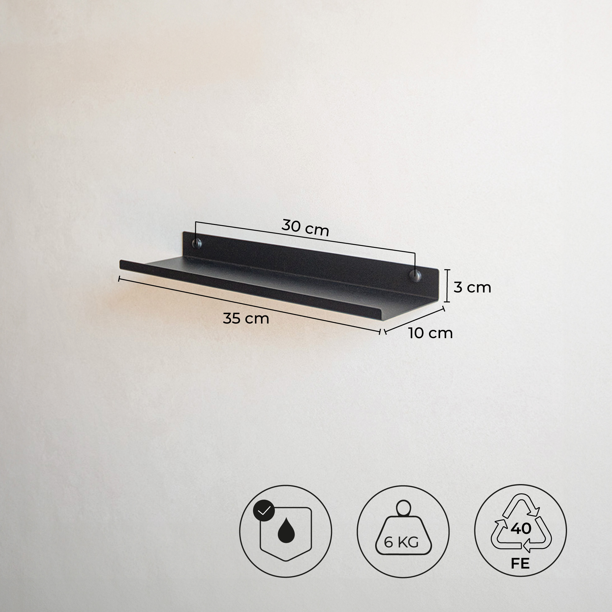 Lot de 2 étagères murales métalliques noires - 35 x 10 cm - 3