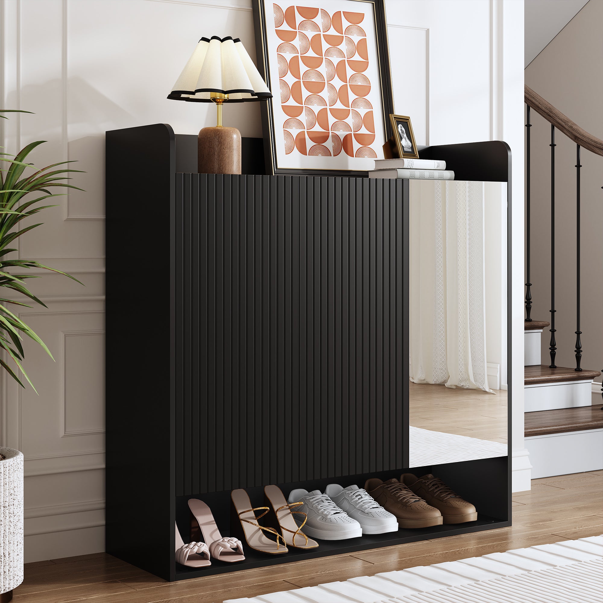 Szafka na buty z 3 drzwiami i lustrem - 110 x 35,5 x 110 cm - Płyta wiórowa + MDF - Czarna