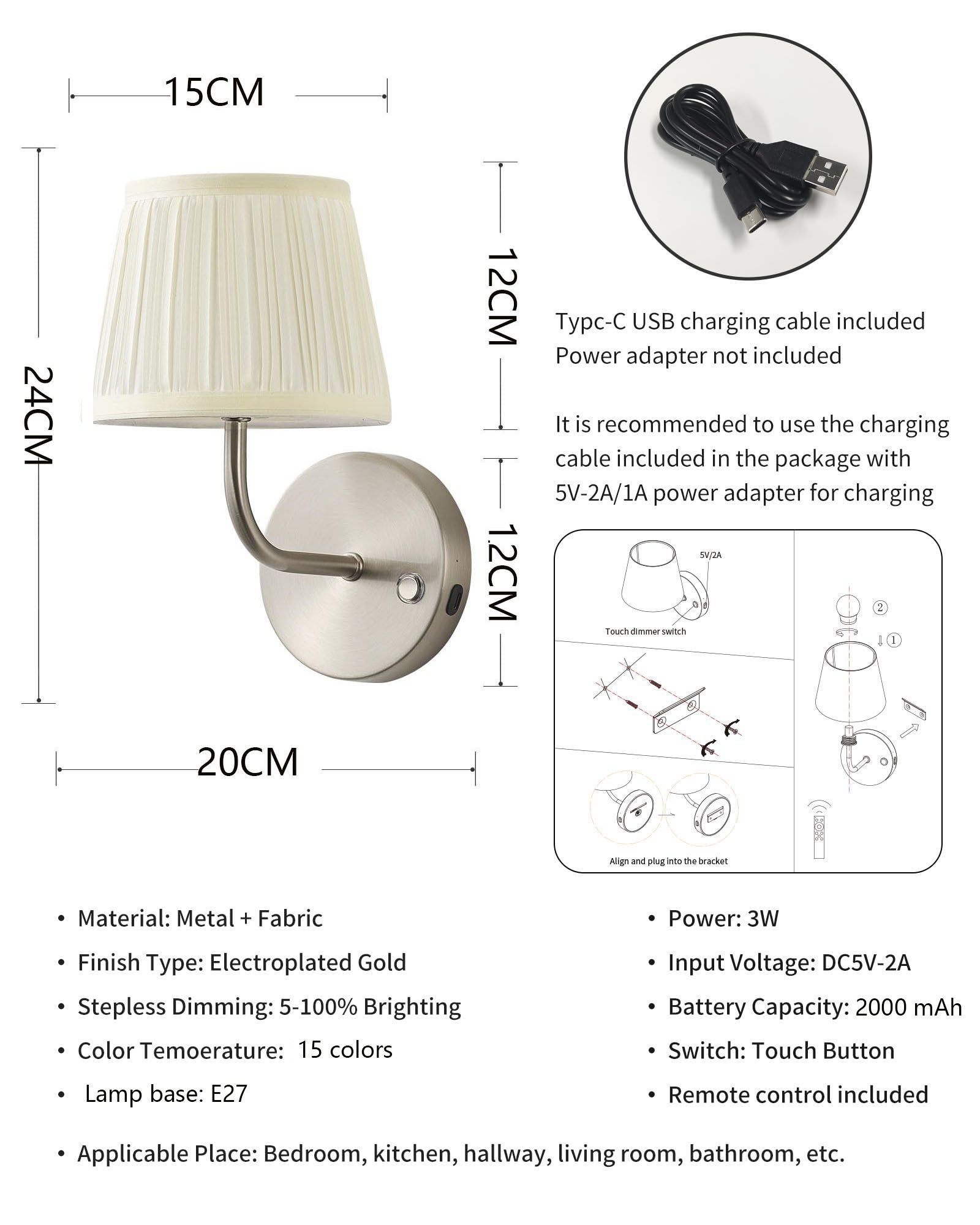 Zestaw 2 kinkietów zasilanych bateriami RGB z pilotem i żarówką, ściemnialne lampy ścienne LED do salonu i jadalni - srebrny - 4