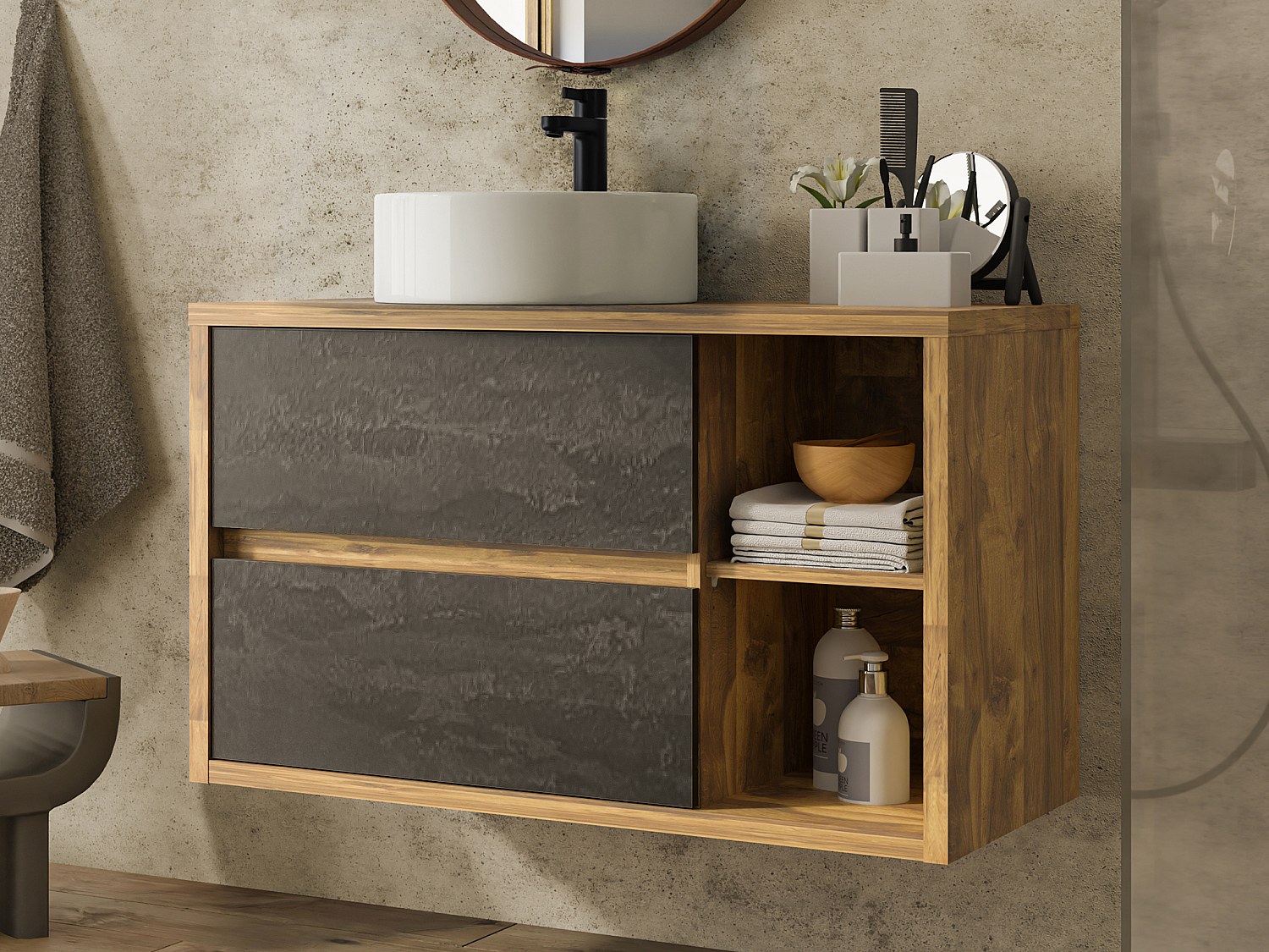 Szafka łazienkowa wisząca z okrągłą umywalką - Naturalny i antracytowy - 100 cm - TIKITIKI