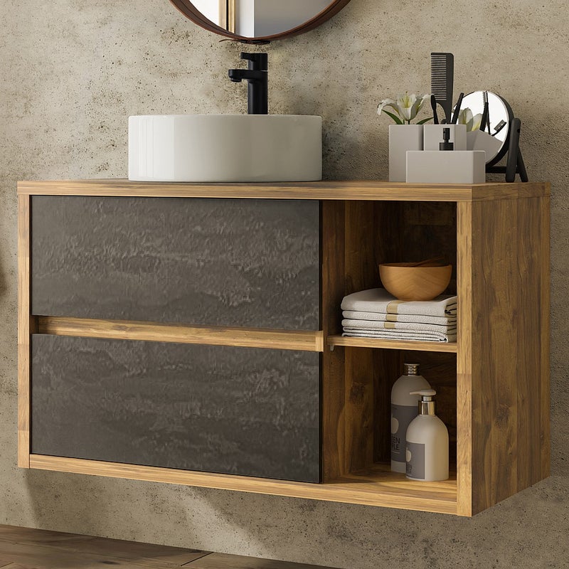 Szafka łazienkowa wisząca z okrągłą umywalką - Naturalny i antracytowy - 100 cm - TIKITIKI