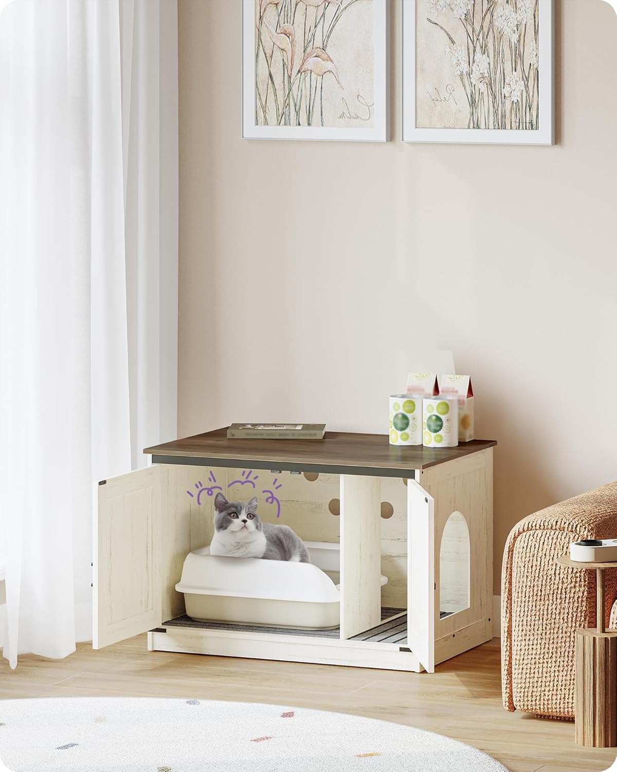 Caixa de areia para gatos, armário para areia com divisória amovível, casota para gatos, entrada reversível (esquerda ou direita), castanho e branco. - 9