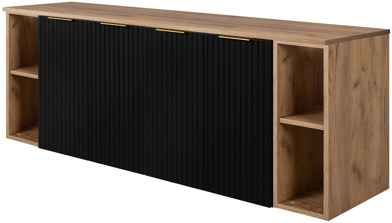 Zestaw łazienkowy FLOW 160 cm czarny z blatem dąb craft i regałami