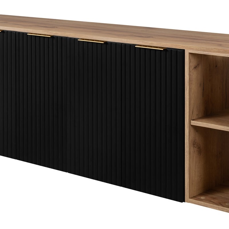 Zestaw łazienkowy FLOW 160 cm czarny z blatem dąb craft i regałami