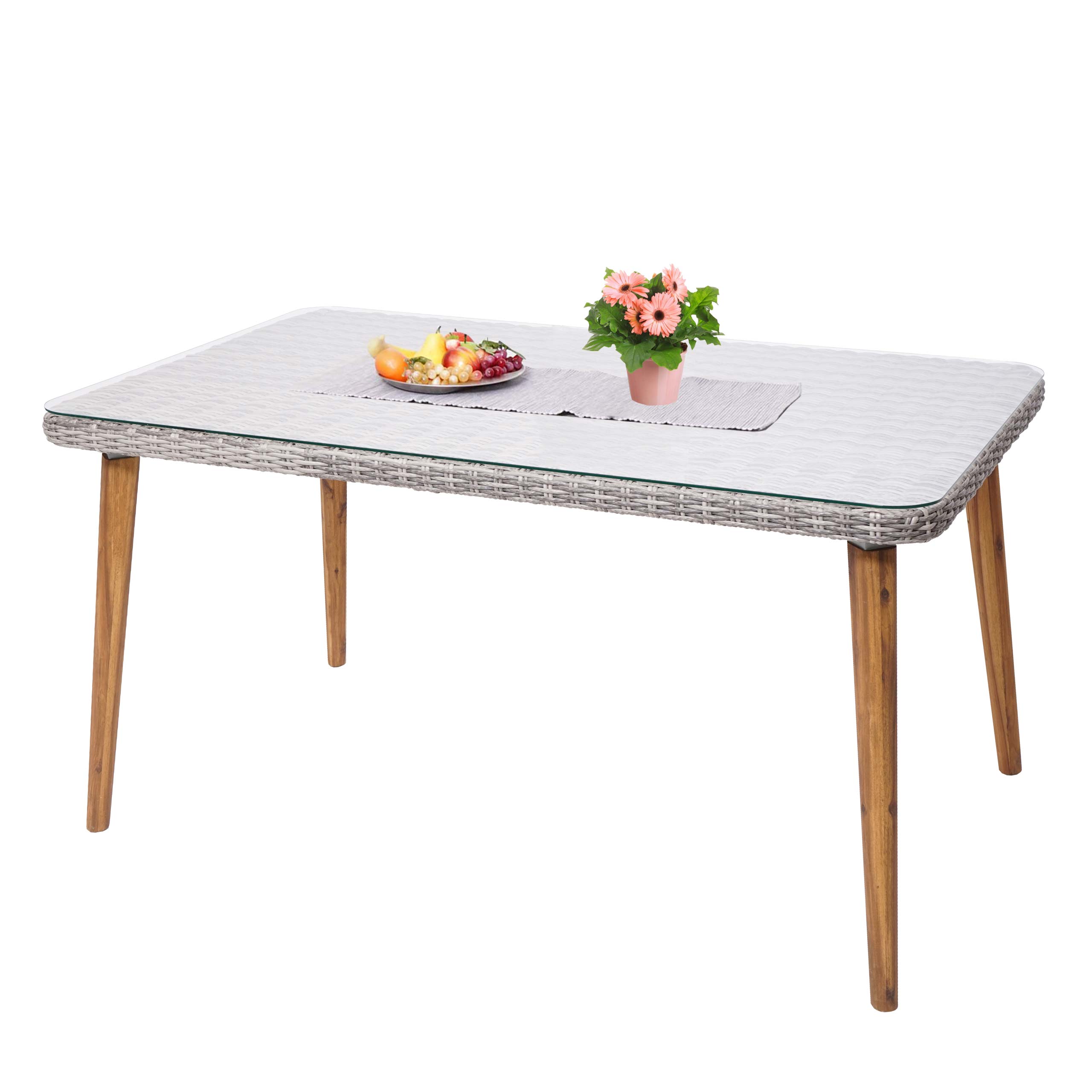 Stół ogrodowy z polirattanu HWC-H65, stal + akacja półokrągły z polirattanu MVG 150x90cm ~ szary - 2