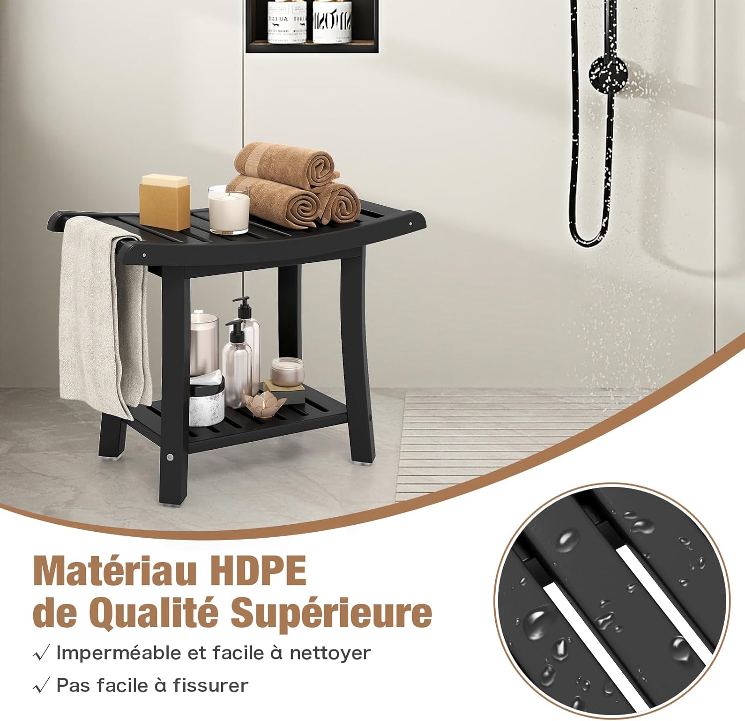 Tabouret de Douche en HDPE Imperméable, Tabouret Salle de Bain avec Étagère de Rangement, Coussinet Antidérapant, pour Intérieur/Extétrieur, Noir - 6