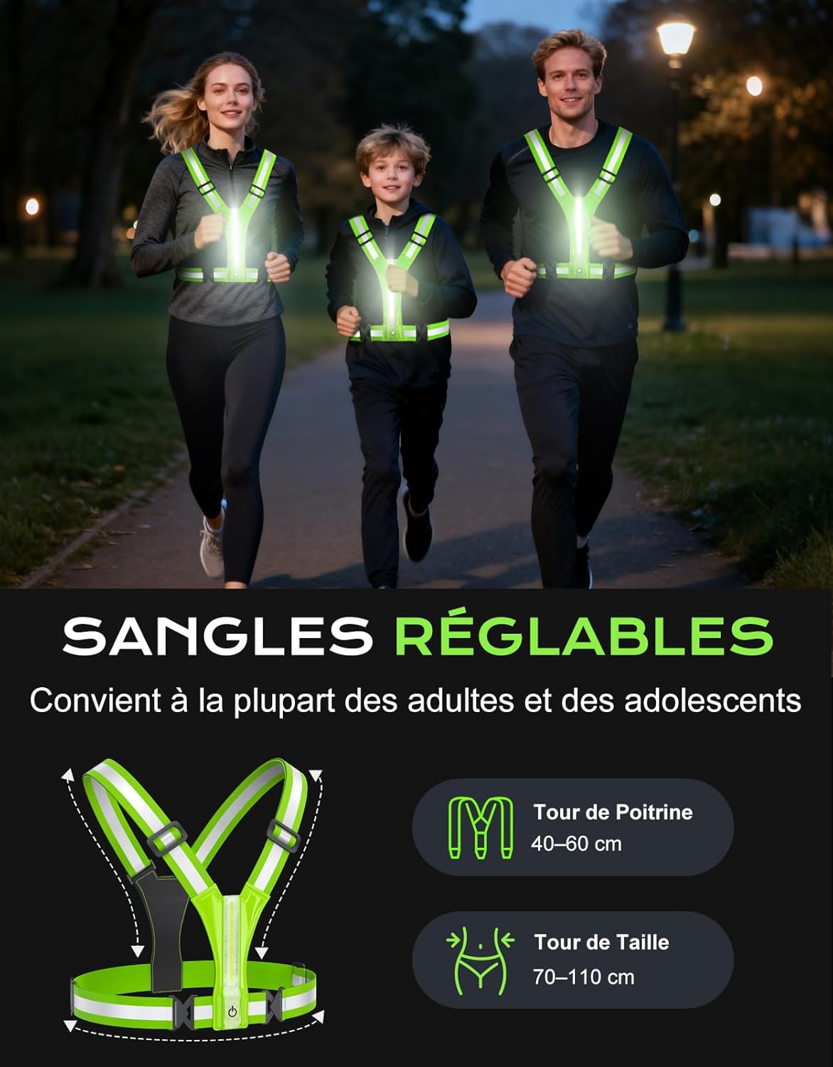 Gilet Réfléchissant Running Éclairage Intégré - Alternative Lampe Frontale - Sécurité Ajustable Course Nocturne Cyclisme - 6