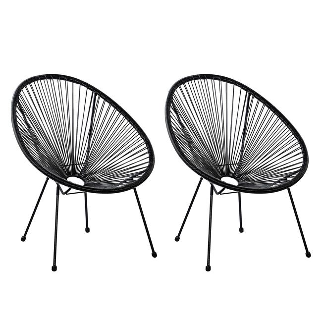 2 Chaises De Jardin Imitation Rotin PARAMO - Polyrattan Résistant UV, Pieds Métal Noir, Coussin Gris Inclus, Dimensions 60x80x57 Cm