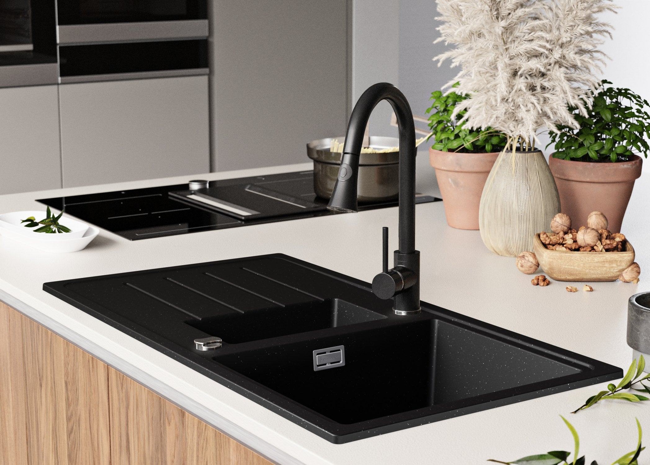 Evier Cuisine en Granit Noir Métallisé 90x50cm, Lavabo 1,5 bacs + Kit de Vidage, Évier à Encastrer au meuble 60cm - Copenhague Duo PRIMAGRAN - 3