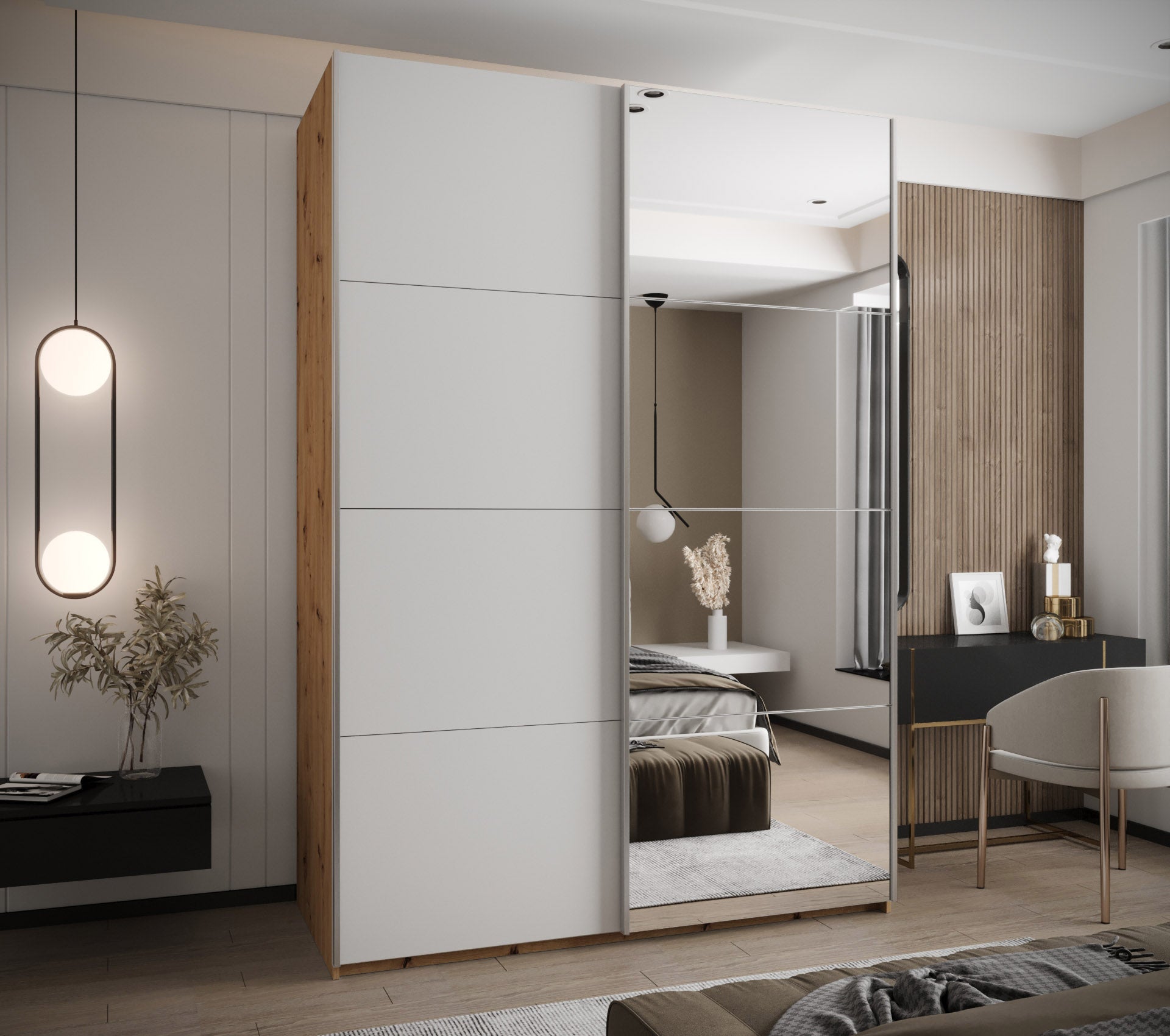 Szafa przesuwna wysoka Lux 3 180 x 64 x 245,5 cm artisan + biały + u. srebrny - Abiks Meble - 2