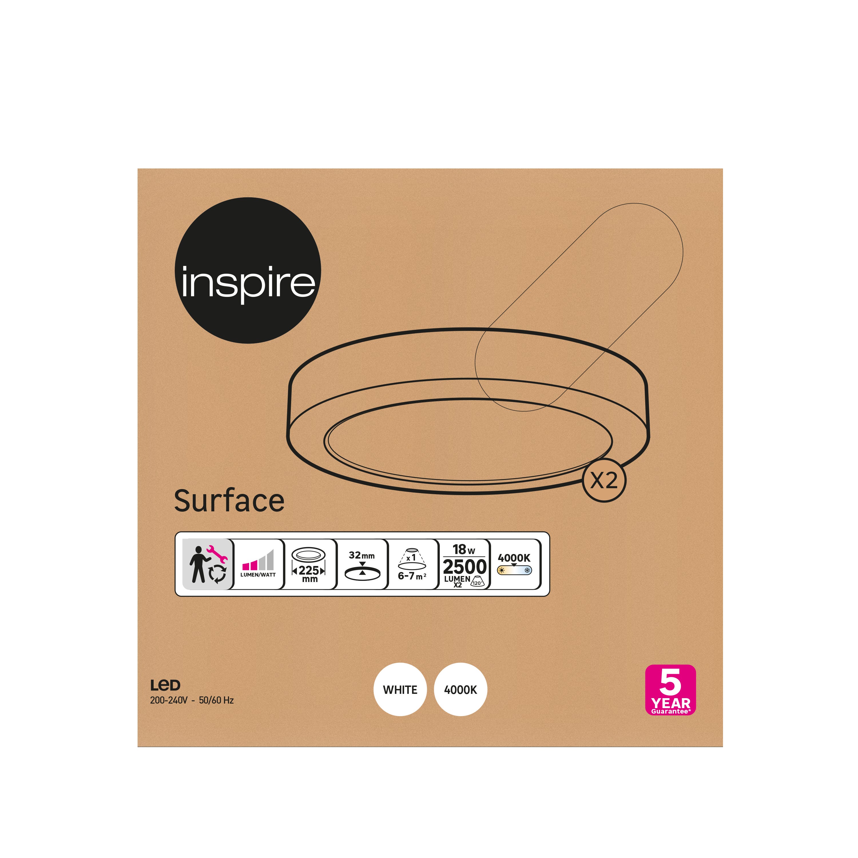 INSPIRE - Conjunto de 2 focos fixos SURFACE L - Focos LED Ø 22,5 cm - 2500 LM - 4000K - Branco neutro - Branco - 5