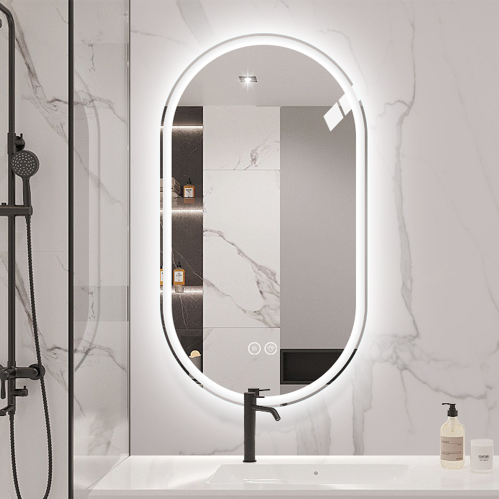 Espejo de baño led 60×100 cm inteligente con luz, ovalado de pared sin marco, pantalla táctil antiniebla