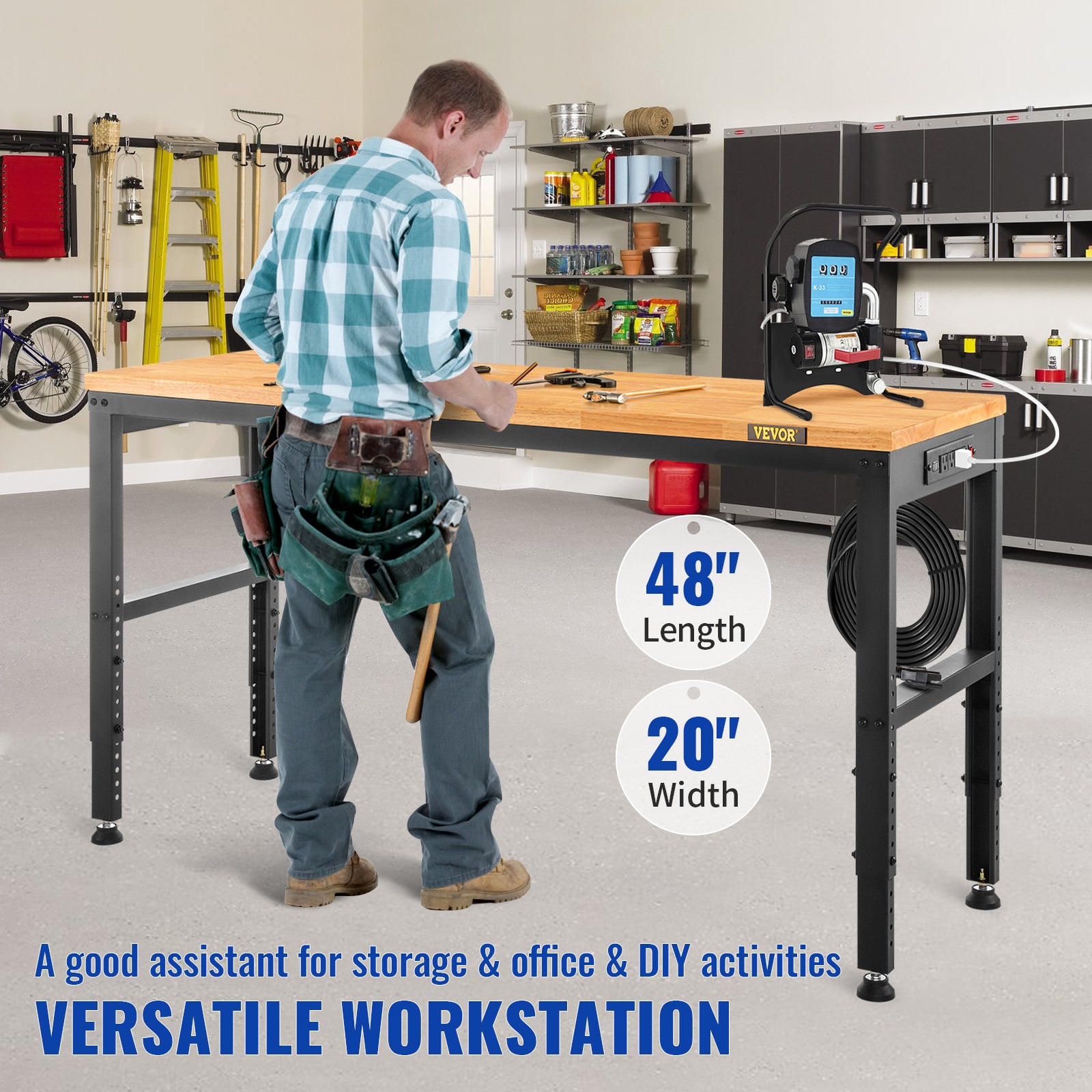 Plan de travail réglable,hauteur VEVOR 720-970 mm,capacité 900 kg,avec prise courant,plateau en bois dur,structure et rails pour pieds en métal - 2