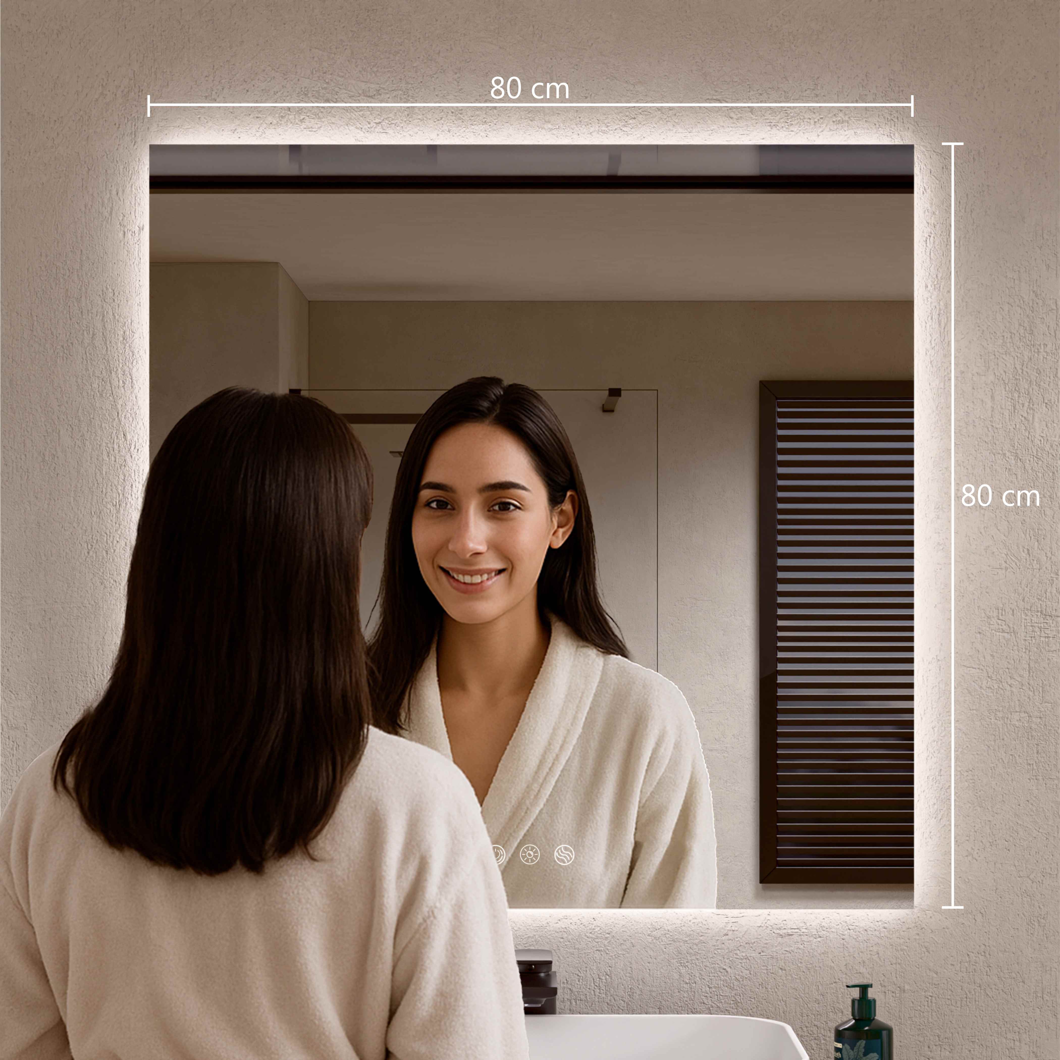 BELLOBATH - Espelho de banheiro com luz LED, luz ajustável em 3 cores e intensidades, antiembaçante - luz indireta 80cm alto x 80cm largura - 3