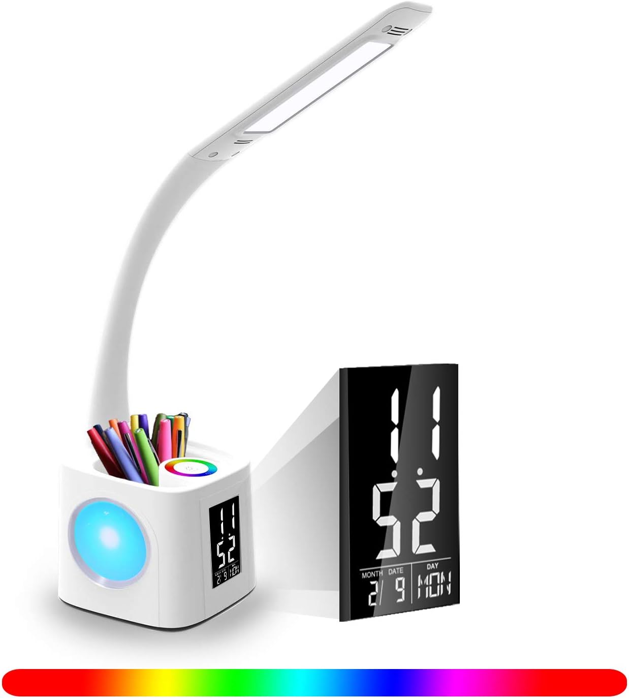 Lampa biurkowa z uchwytem na długopis i kalendarzem wiecznym, ochrona oczu, dioda LED, dotykowy kolor, ściemnianie, lampa biurkowa do sypialni