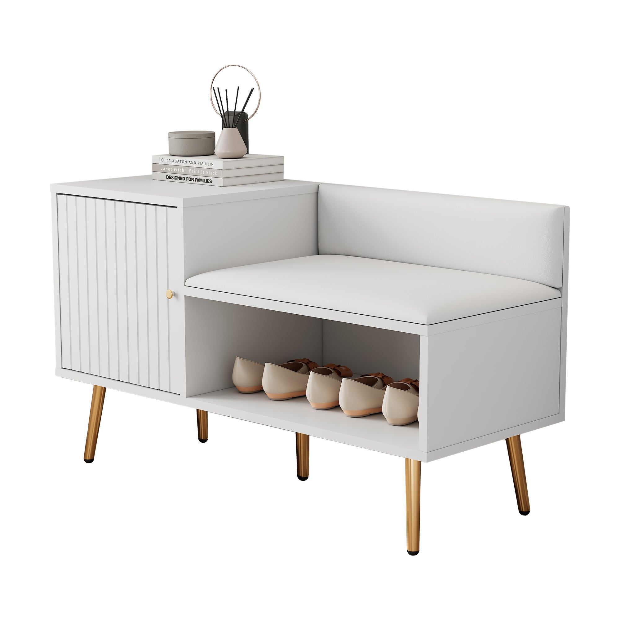 Commode à chaussures moderne luxueuse blanche, siège rembourré avec dossier, poignées/pieds métalliques, idéal entrée, dims: L100×P40×H58 cm - 7