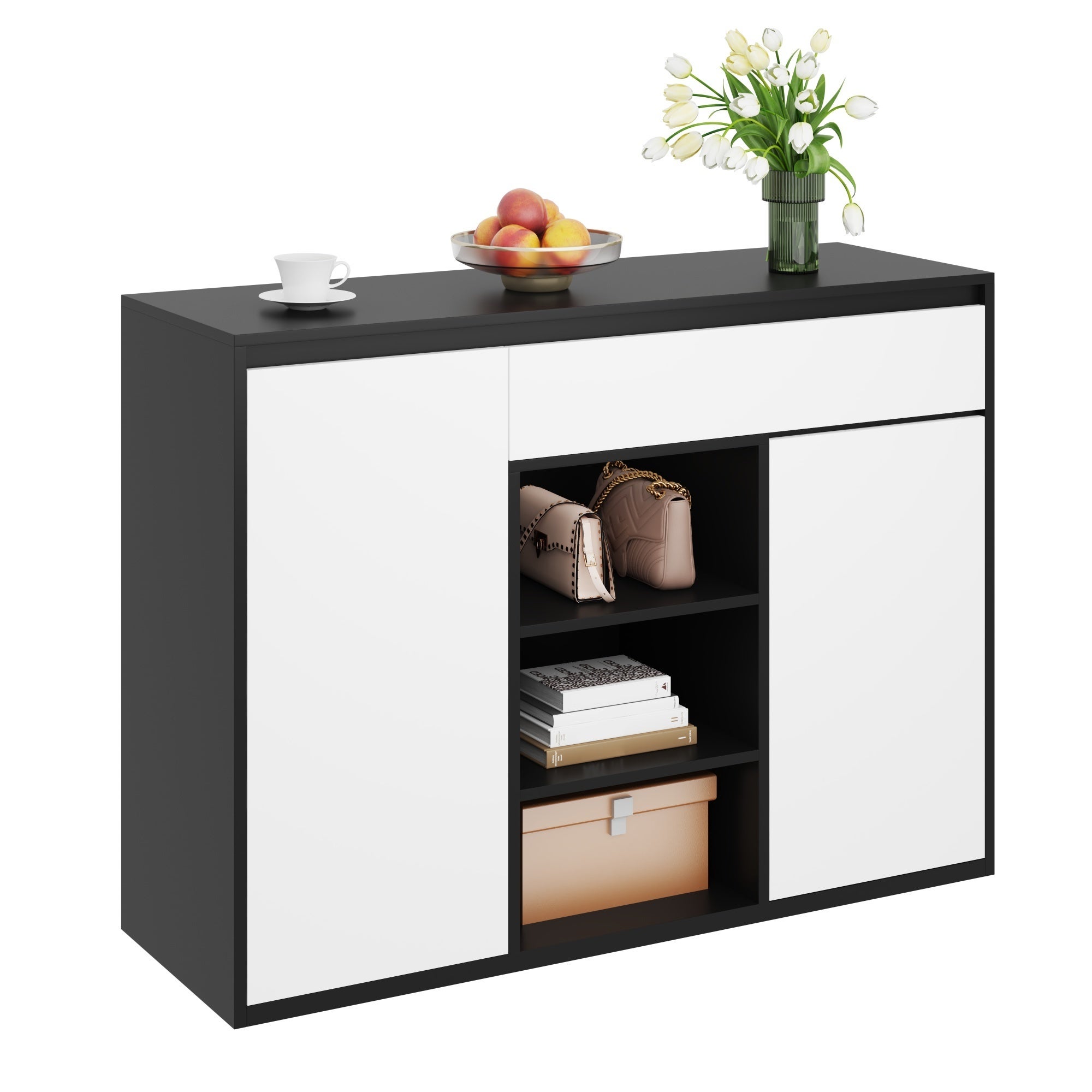 Szafka na buty z 2 drzwiami, 1 szufladą i regulowaną półką - 105 x 39,5 x 86 cm - Płyta wiórowa - 12 do 17 par butów - Kolor czarny