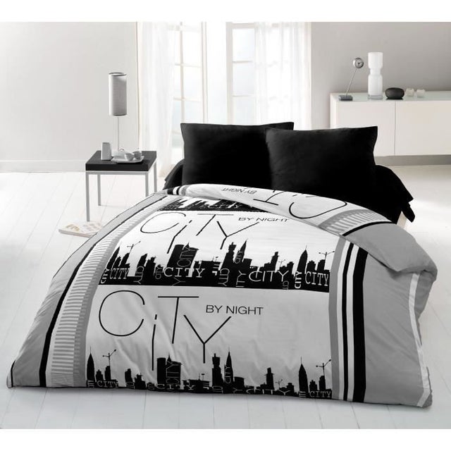 Parure de couette Microfibre CITY BY NIGHT - 1 housse de couette 220x240 cm + 2 taies 63x63 cm - Gris et Blanc