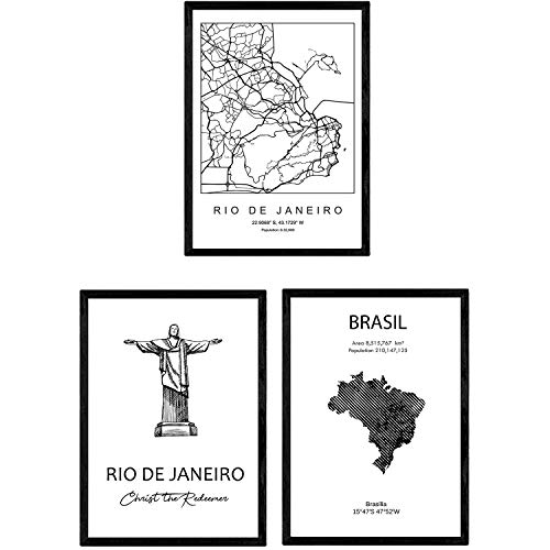 Pack de posters de paises y monumentos. mapa ciudad rio de janeiro, monumento cristo redentor y mapa brasil. sin marco - a3