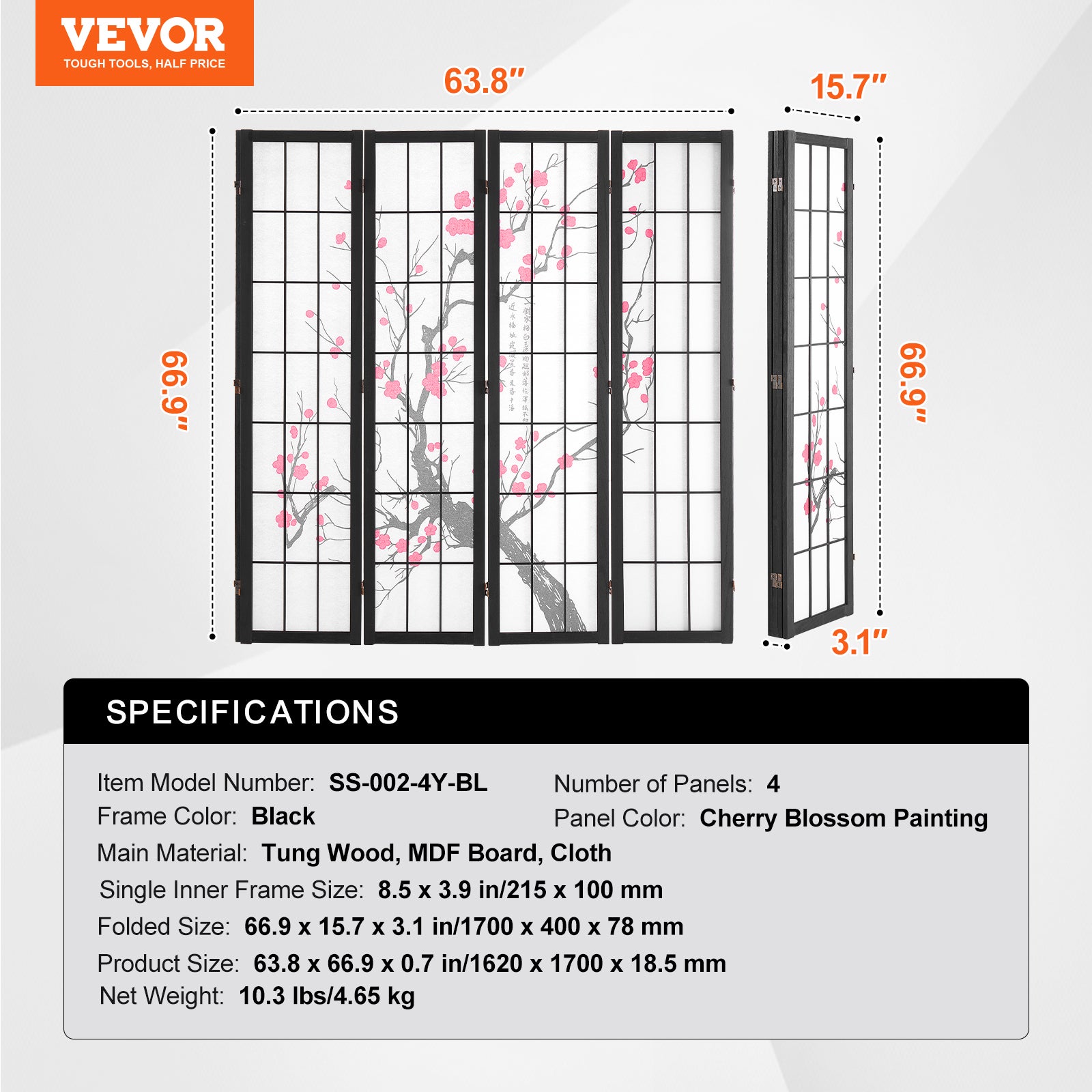 Cloison de Séparation,Paravent Japonais VEVOR 4 Panneaux,Cloison Pliable en Bois,Diviseur Décoratif Portable pour Séparation de Pièce,Intérieur - 7
