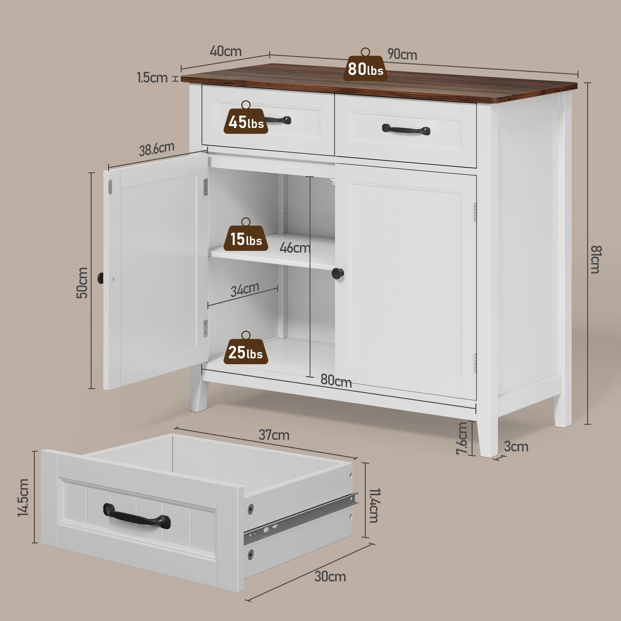 Buffet Meuble de Rangement en MDF - 2 Tiroirs, 2 Portes et Étagère Réglable avec Plateau Marron Bealife - 3