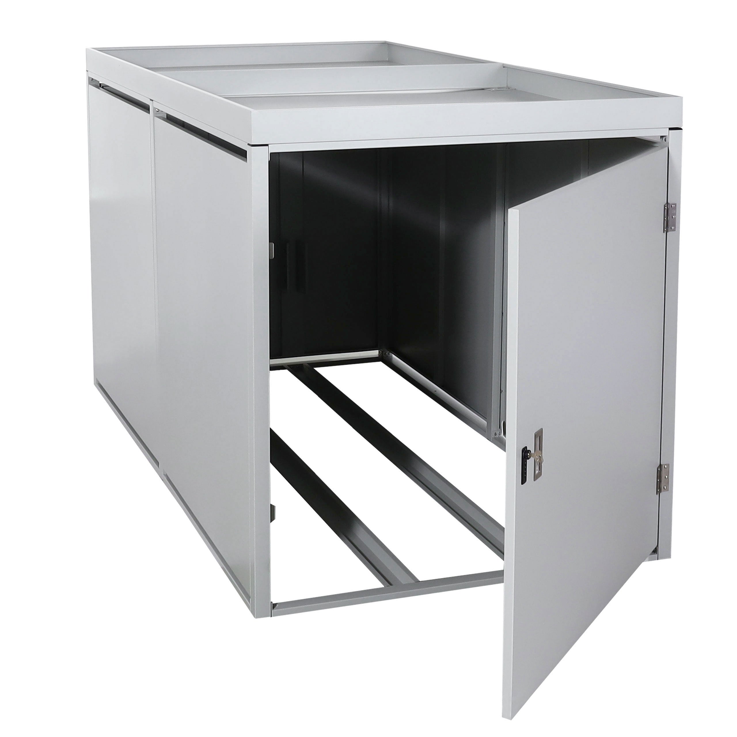 Garaż na 2 rowery z skrzynką na rośliny HWC-L56b, boks na rowery, zamykany, stal ocynkowana 123x113x208 cm ~ jasnoszary