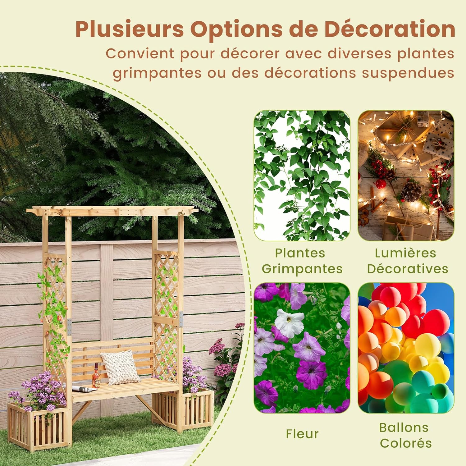 Arche de Jardin avec Jardinière Banc 2 Places à Charge 300 KG, Treillis Latéral pour Plantes Grimpantes Extérieur, pour Terrasse Jardin, Naturel - 7
