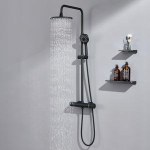 Colonne Douche Thermostatique Noir avec Mitigeur Thermostatique de 38°C,Colonne Douche Réglable Hauteur,Tête Douche/Pommeau à Main 3 Jets