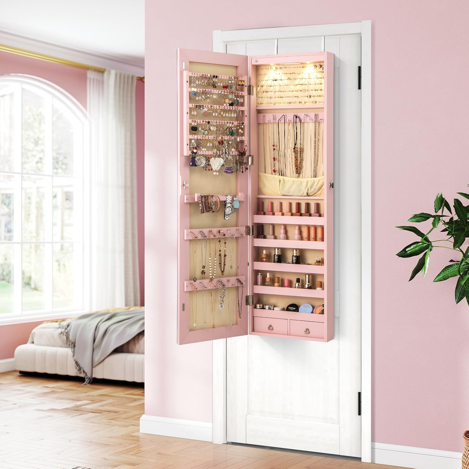 Armoire à Bijoux avec Miroir, Armoire a Bijoux Murale avec Éclairage LED, 2 Tiroirs, Fixer au Mur ou à Suspendre sur Porte (Rose) - 9