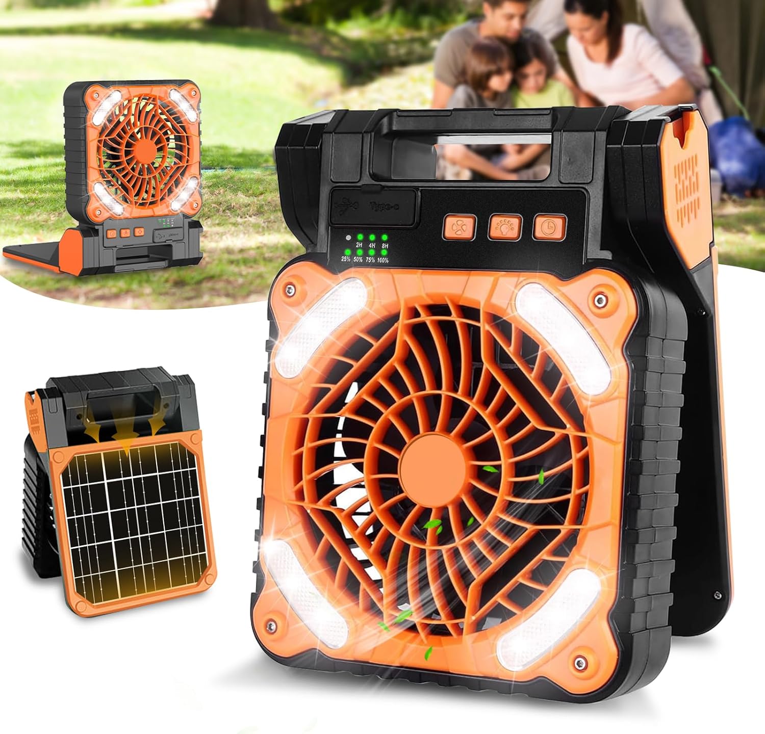 Wentylator solarny wentylator kempingowy z możliwością ładowania mAh przenośny wentylator do namiotu ze światłem LED timerem prędkościami wentylator