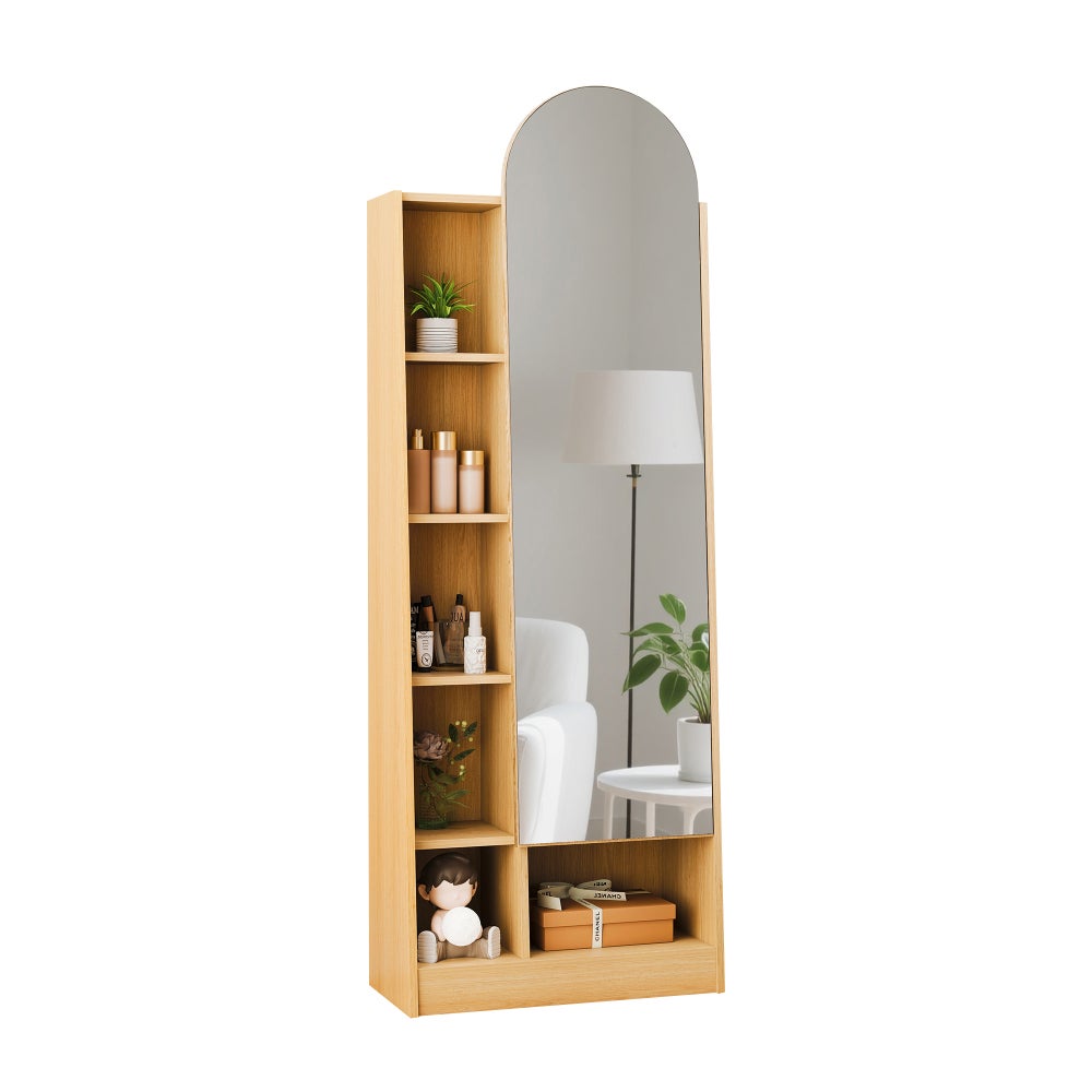 Armoire à chaussures avec miroir, colonne avec rangement et étagères réglables, bois naturel - 2