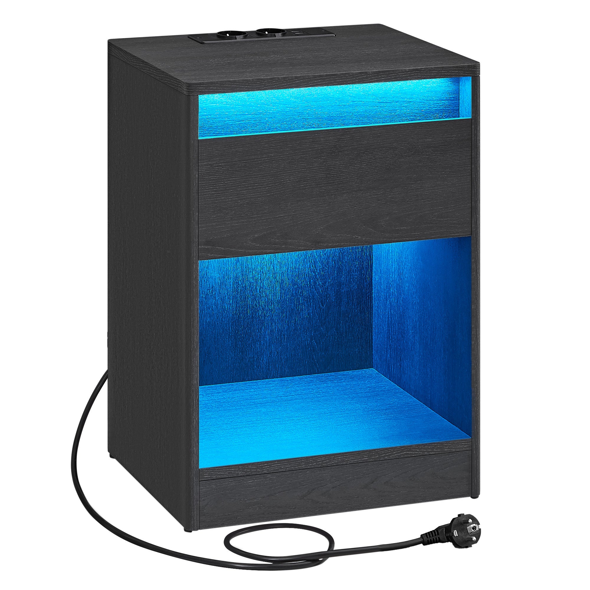 Lot De 2 Tables De Chevet Avec Multiprise Et Lumière LED - 3 Tiroirs, 2 Prises CA + 2 USB - Blanc, 60x30x66.6 Cm - Pour Chambre, Salon - 6