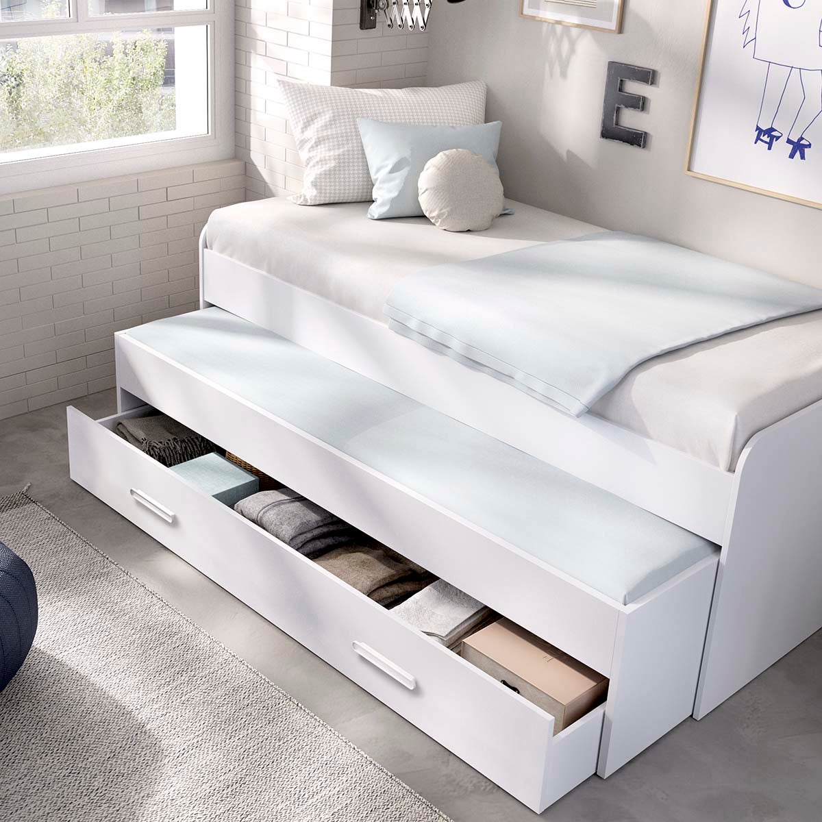 Cama Nido Juvenil 90x190cm Pema con 2 cajones - Blanco - Apto para 2 personas, Blanco - Homekit - 2