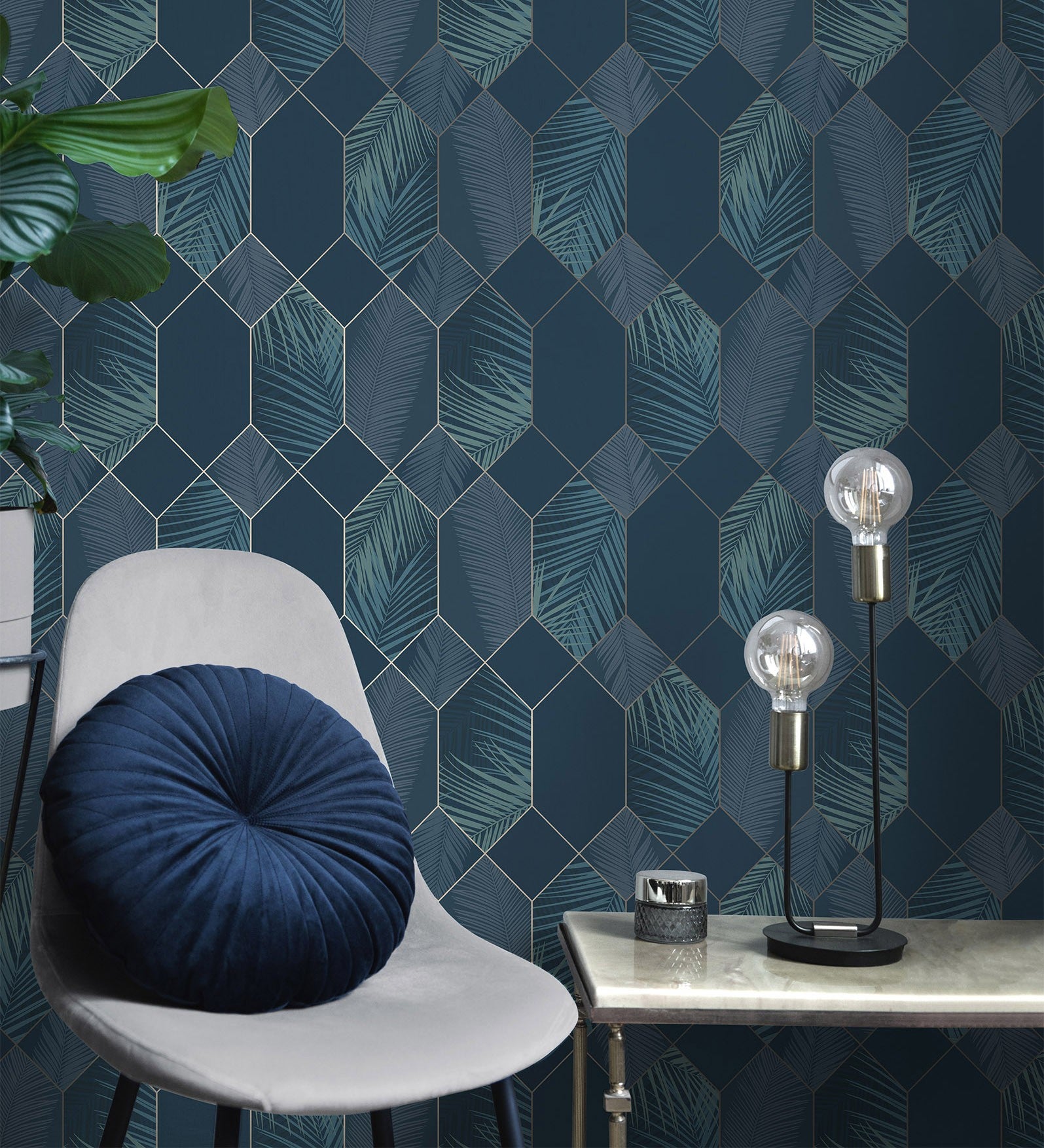 Papel pintado lavable geométrico panel hexagonal con hojas tropicales - tropical hive 681286 de gaulan - rollo de 10 m x 0,53 m