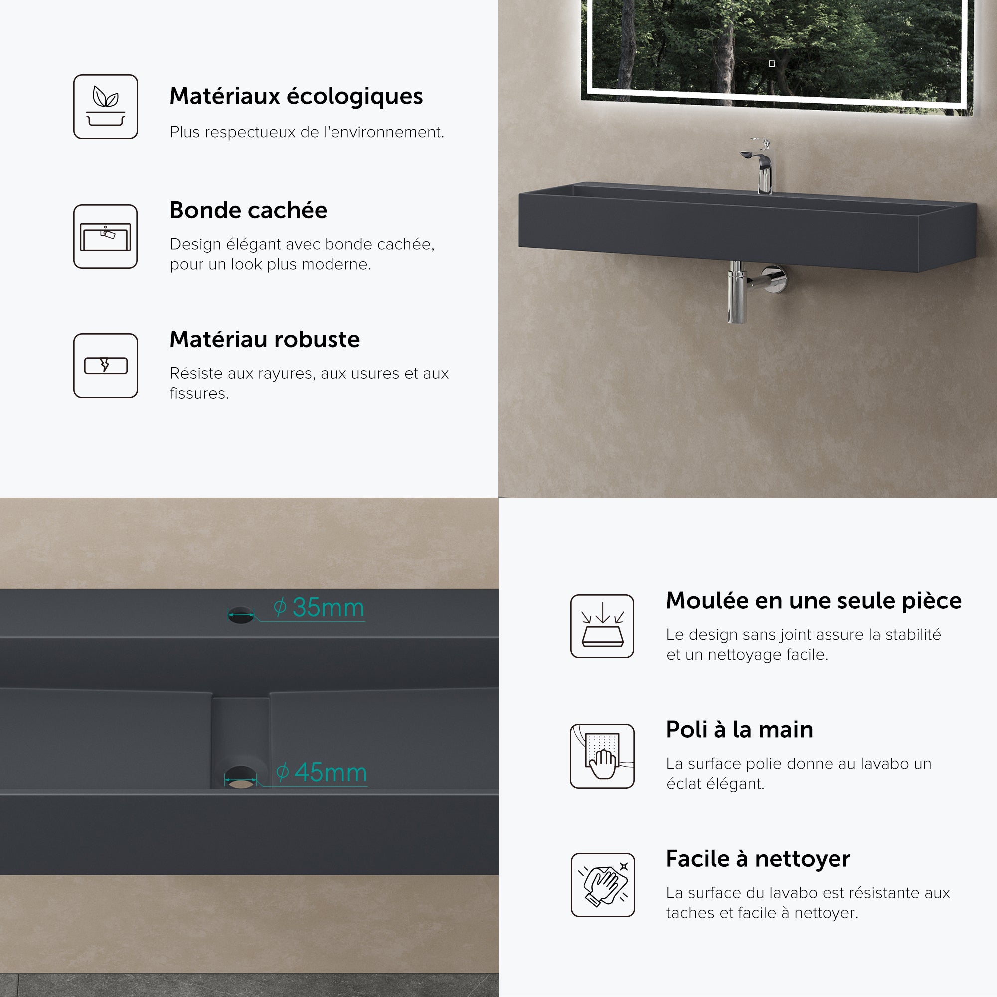 Lavabo Suspendu, Vasque à Poser, Lave-Mains Rectangulaire, 100cm, Gris Noir Mat, avec Cache Bonde, pour Salle de Bains, Colossum6028 doporro - 5