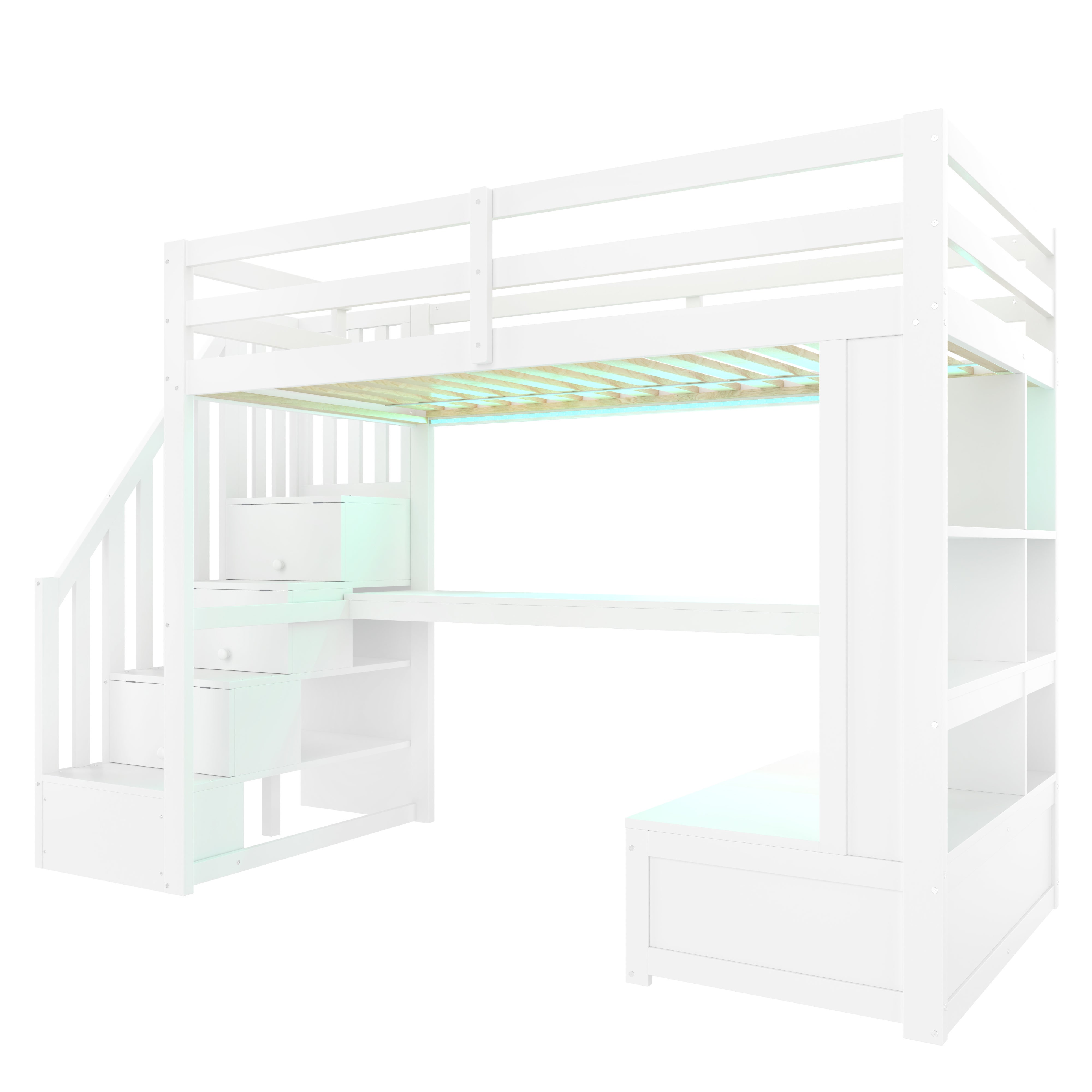 Lit Mezzanine 90x200 avec Bureau & Étagères, Lit Enfant Escalier de Rangement & 2 Tiroirs, Gain de Place Robuste pour Chambre, Épuré - Blanc - 6