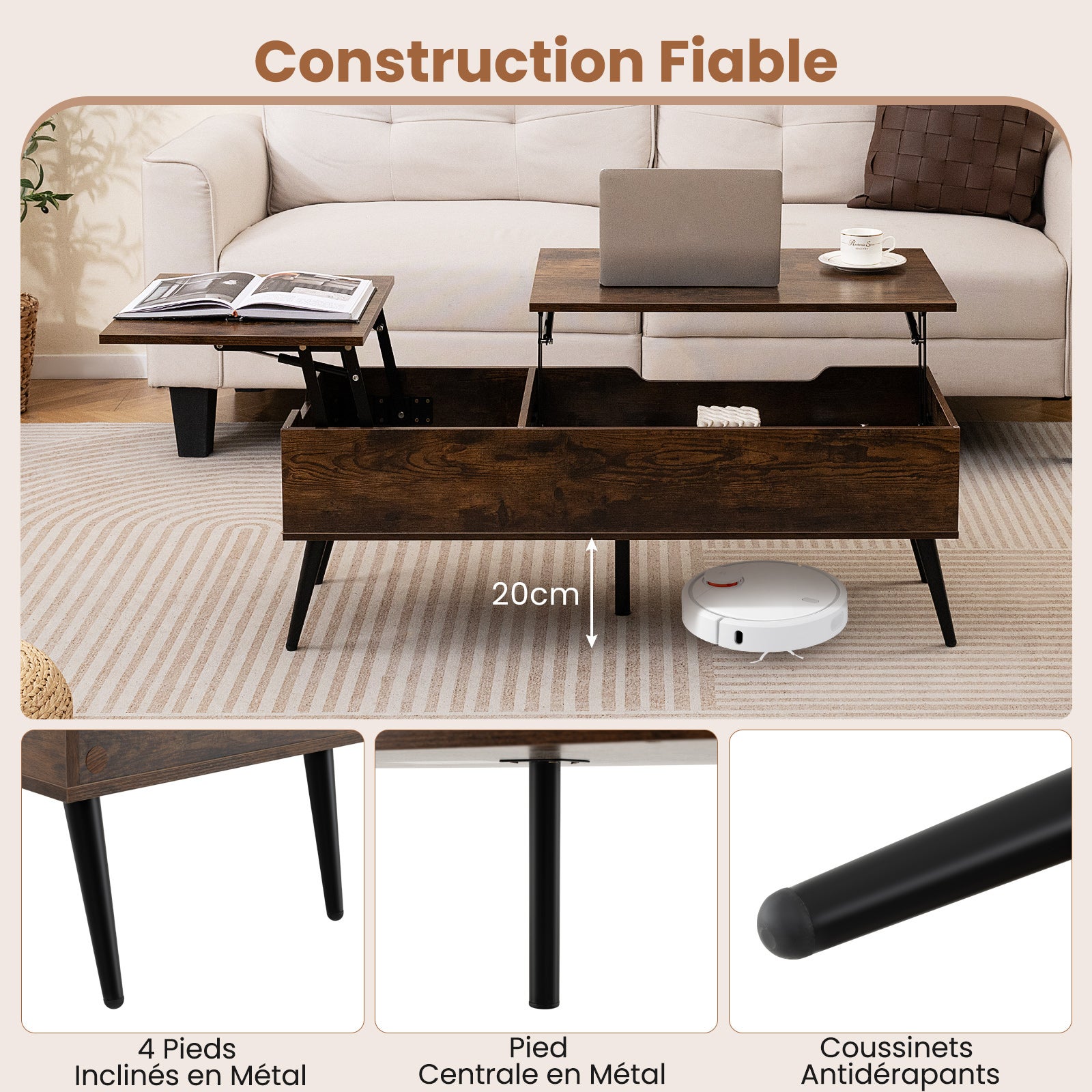Stolik kawowy z regulacją wysokości, stół do salonu z podnoszonym blatem i 2 ukrytymi półkami, sbiura, 111 x 48 x 40-53,5 cm (brązowy) - 3