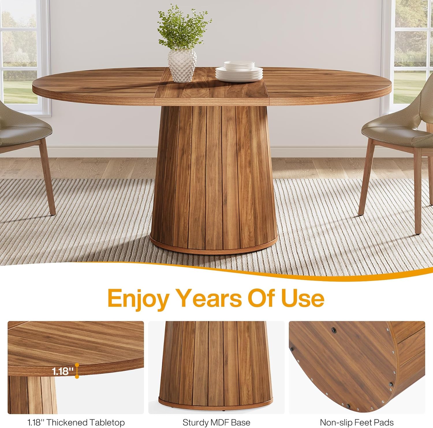 Tribesigns Owalny stół do jadalni dla 6 osób, 140 cm, z drewnianym blatem i cylindryczną podstawą do jadalni (brązowy) - 7